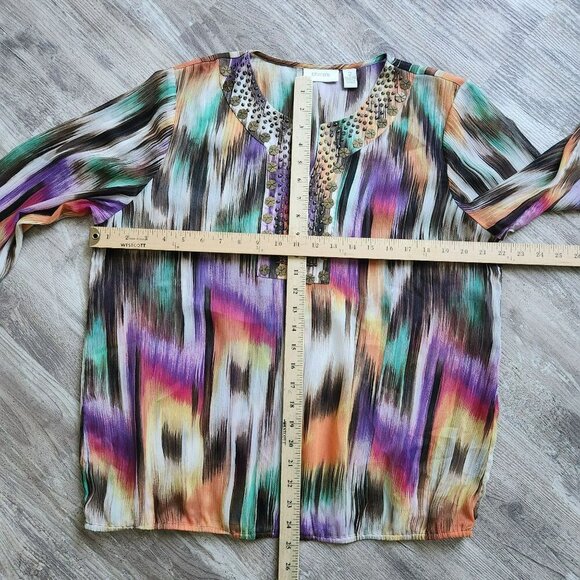 Chicos Womens Multicolor Ikat Boho Peasant Print Beaded Tunic Top Size 2 - Picture 6 of 11